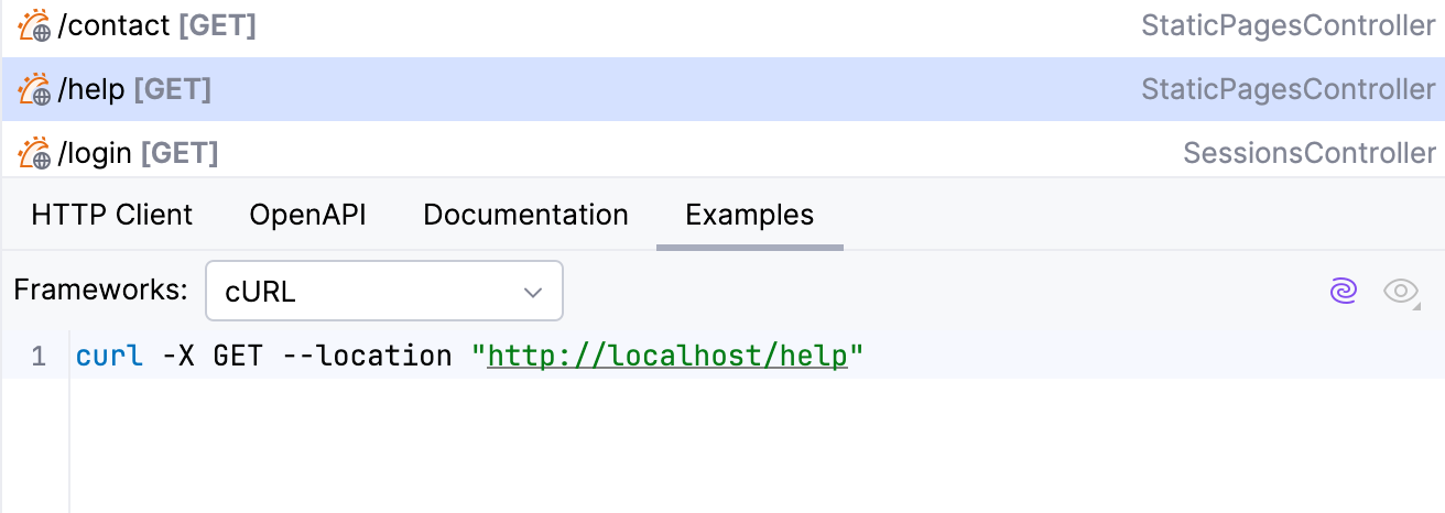 Endpoints tool window: Example tab