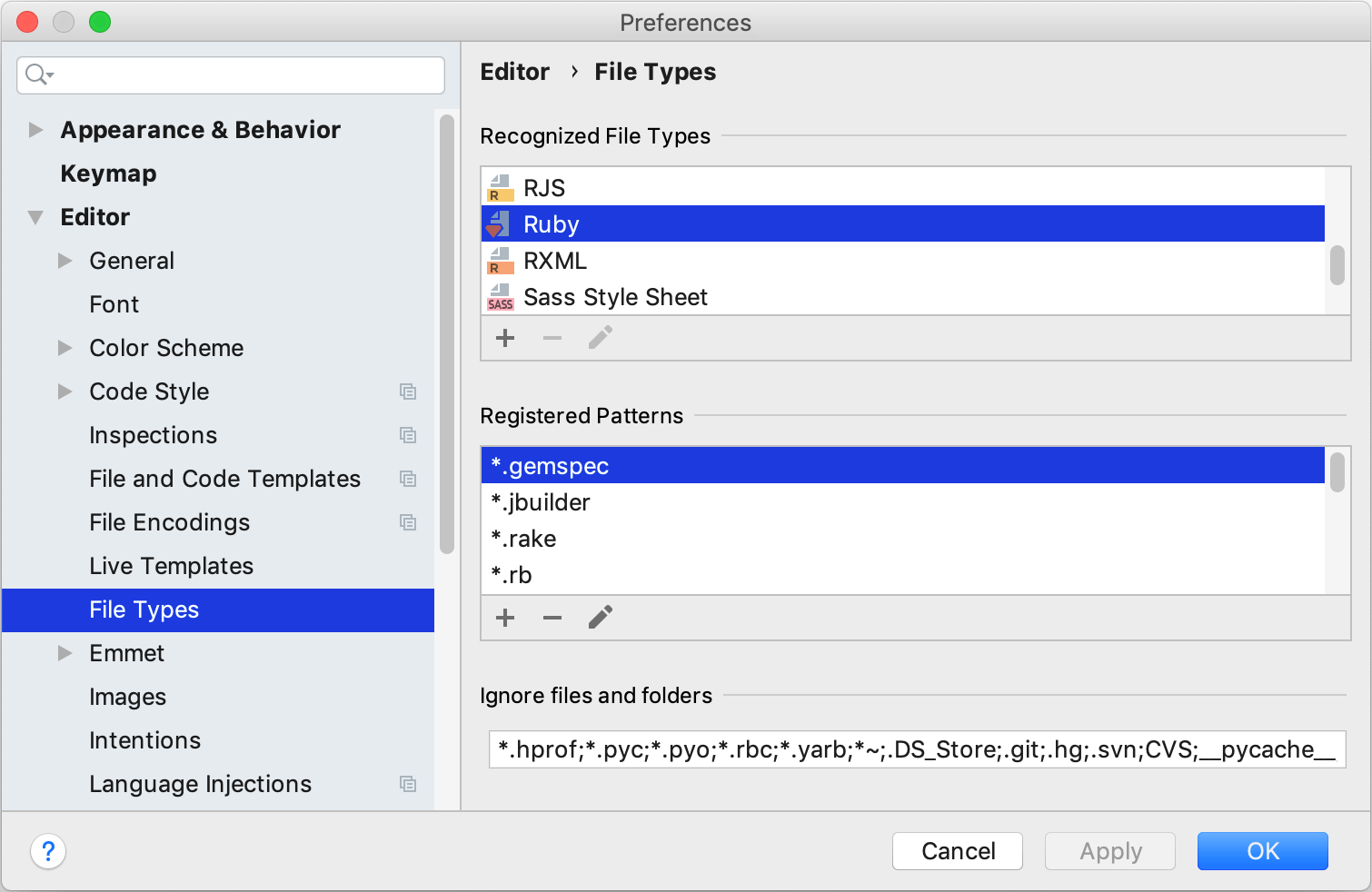 File type settings File type settings