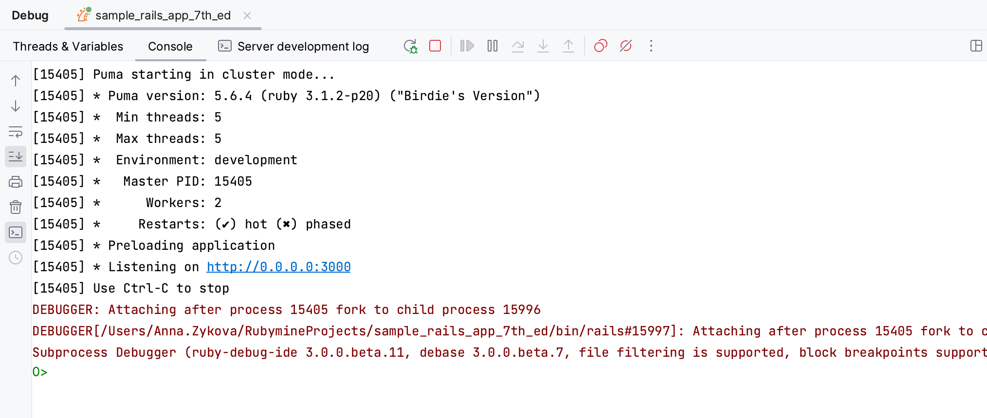 Debug console output Debug console output