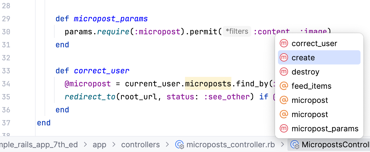 Navigation bar: list of methods