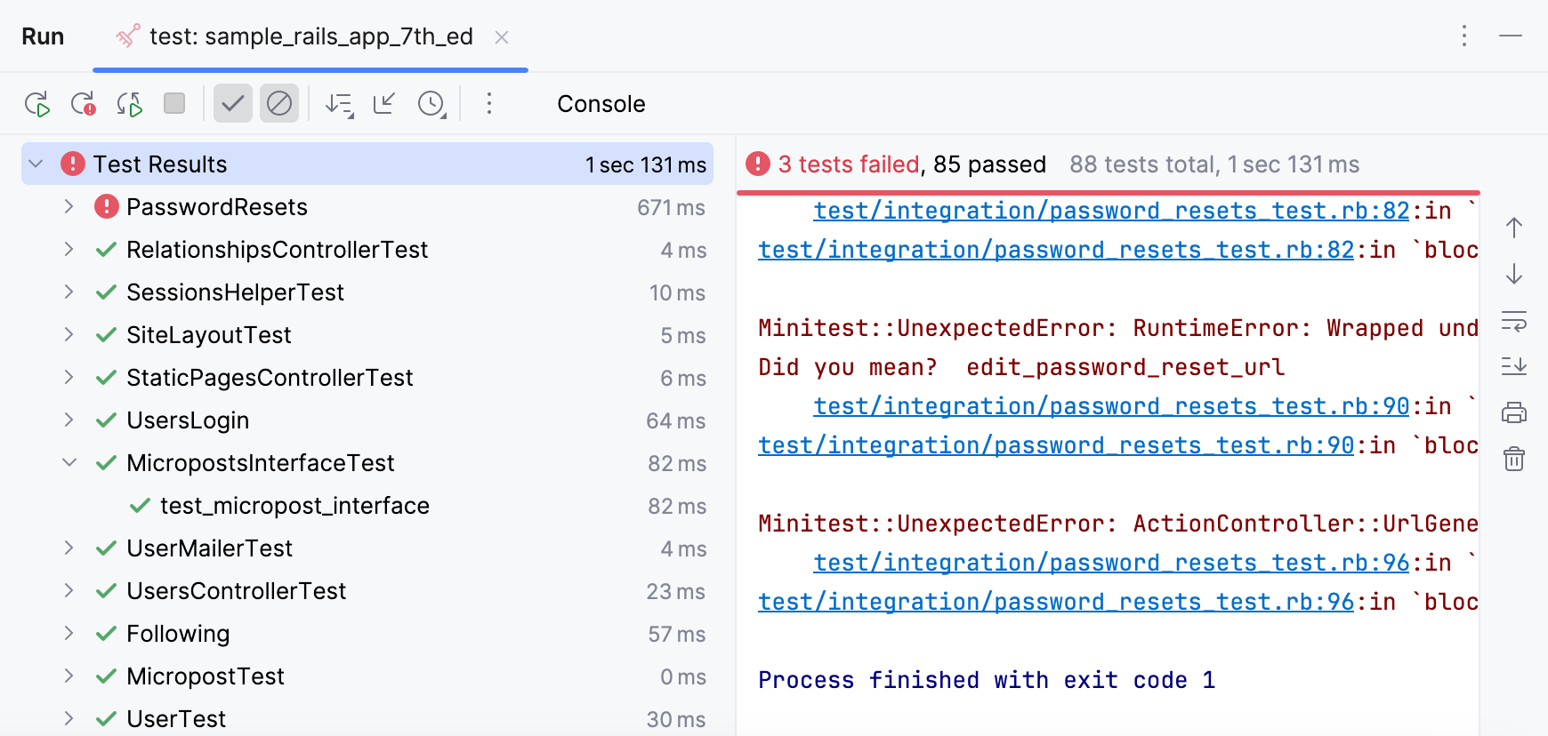実行ツールウィンドウの実行構成タブに表示されるテスト結果 Test results shown on the run configuration tab of the Run tool window