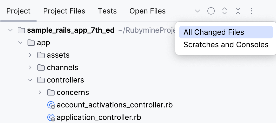 The Project tool window with the Group Tabs option disabled The Project tool window with the Group Tabs option disabled
