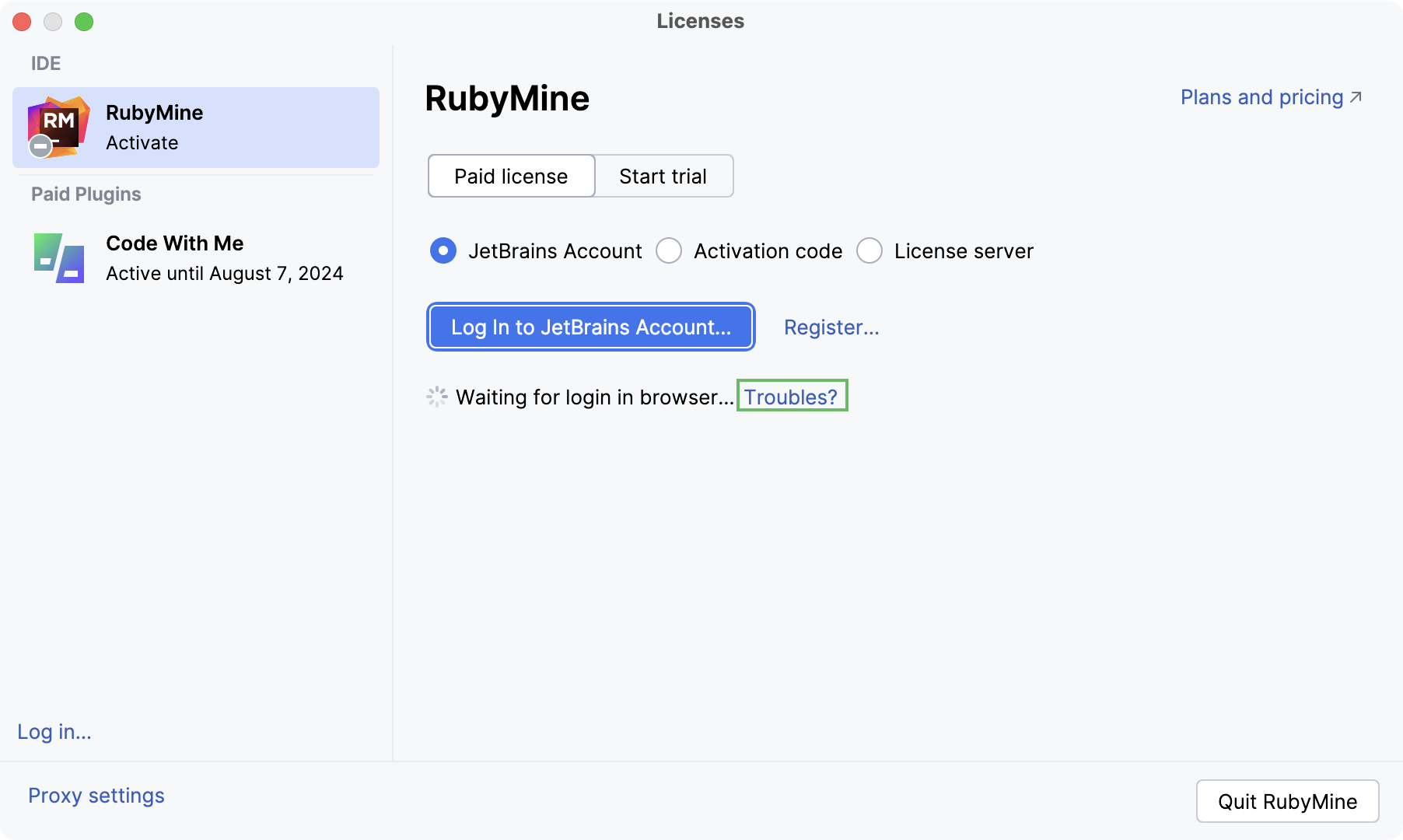 RubyMine のライセンス購入と登録 | RubyMine ドキュメント