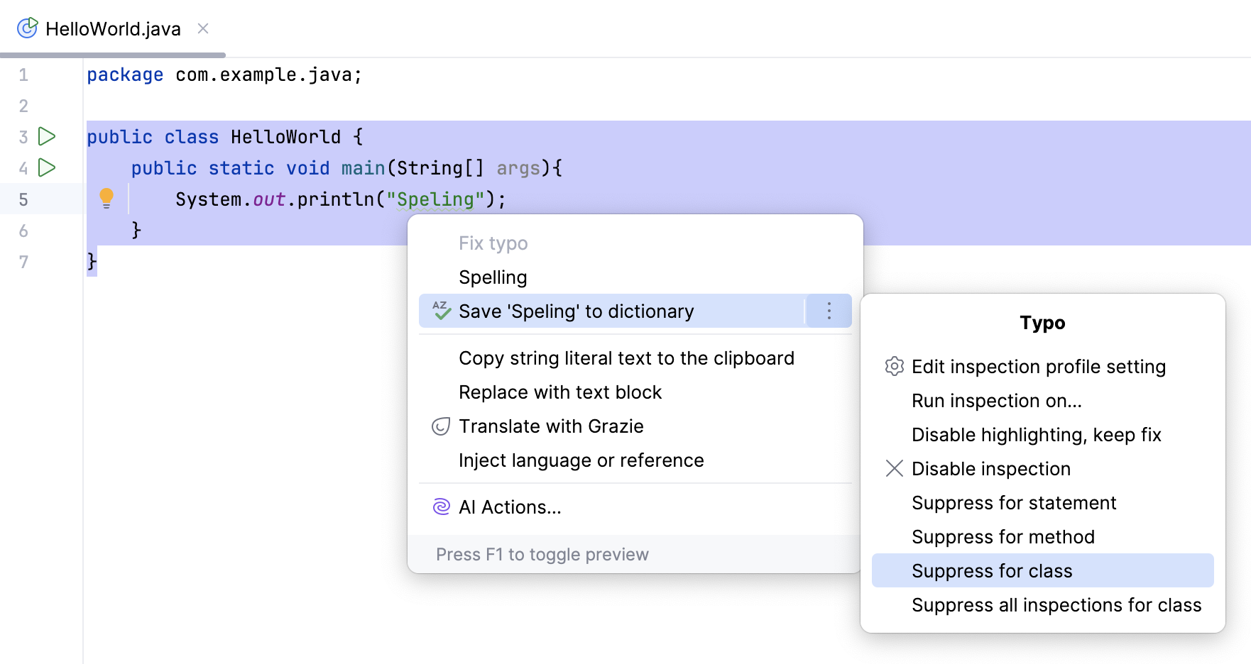 How to suppress the Typo inspection