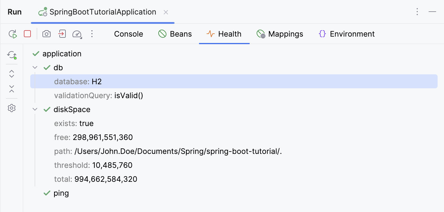 Spring Boot Health endpoints tab Spring Boot Health endpoints tab