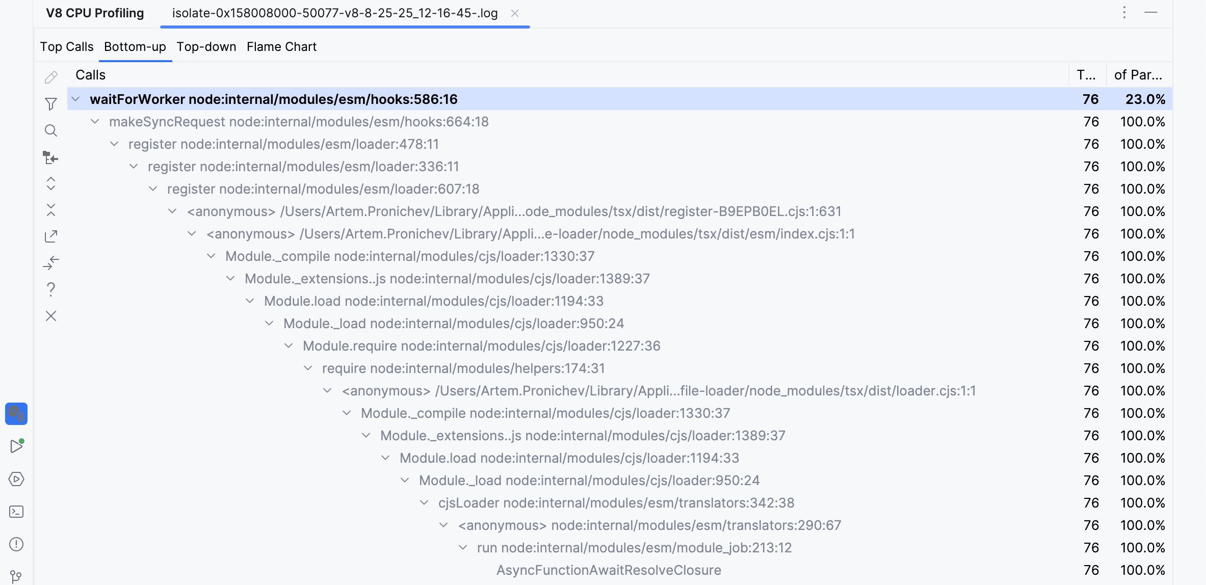V8 CPU profiling: Bottom-up tree