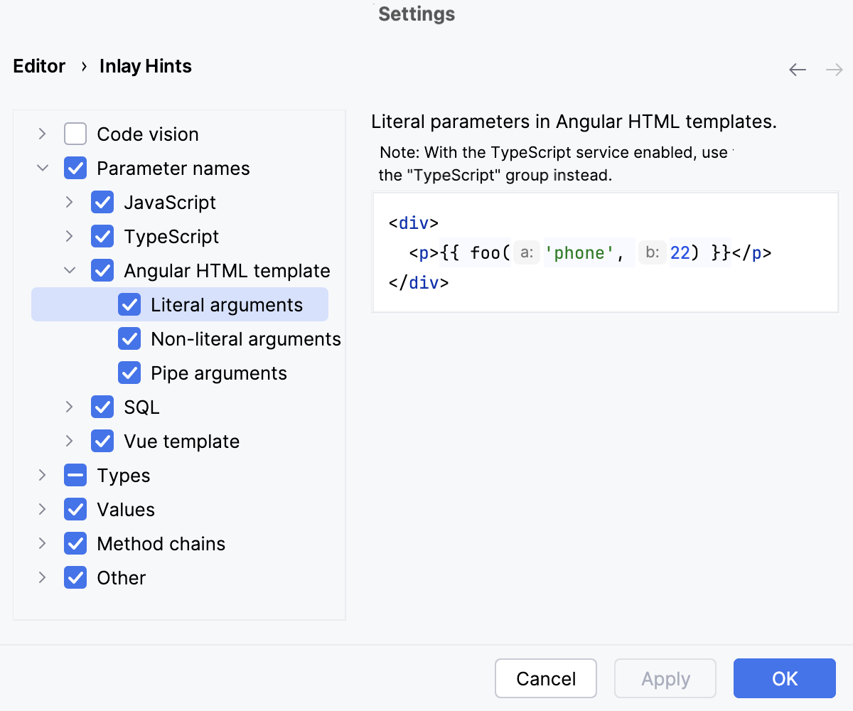Configure parameter hints in Angular templates Configure parameter hints in Angular templates