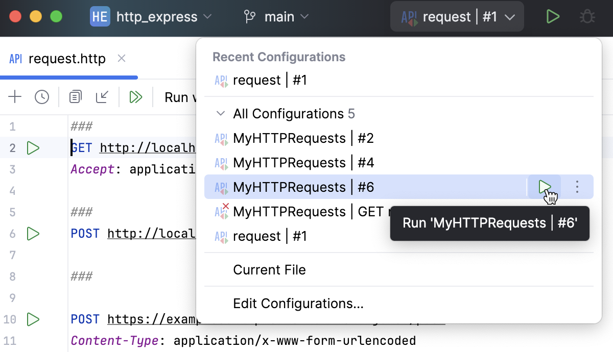 Run configuration popup