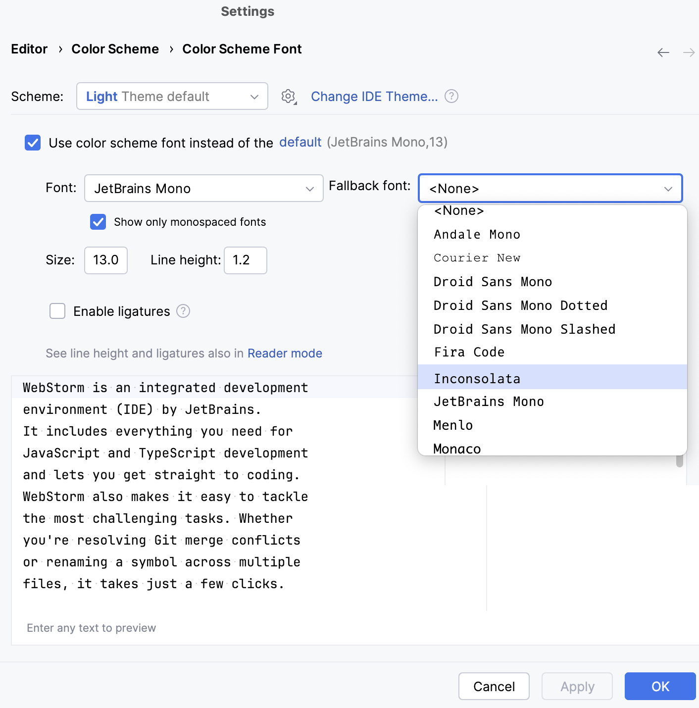 カラースキームフォント設定ページ The Color Scheme Font settings page