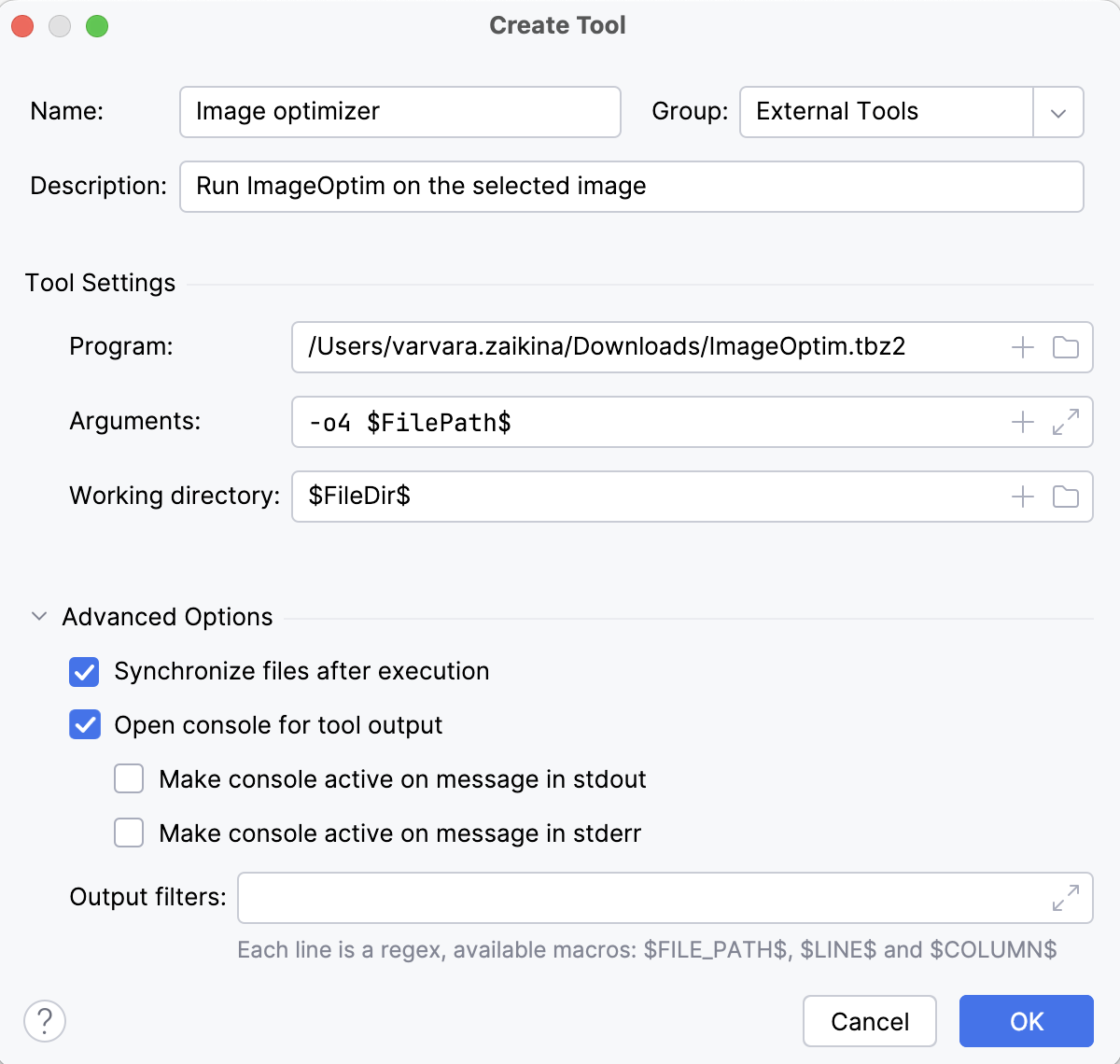 The Create Tool dialog