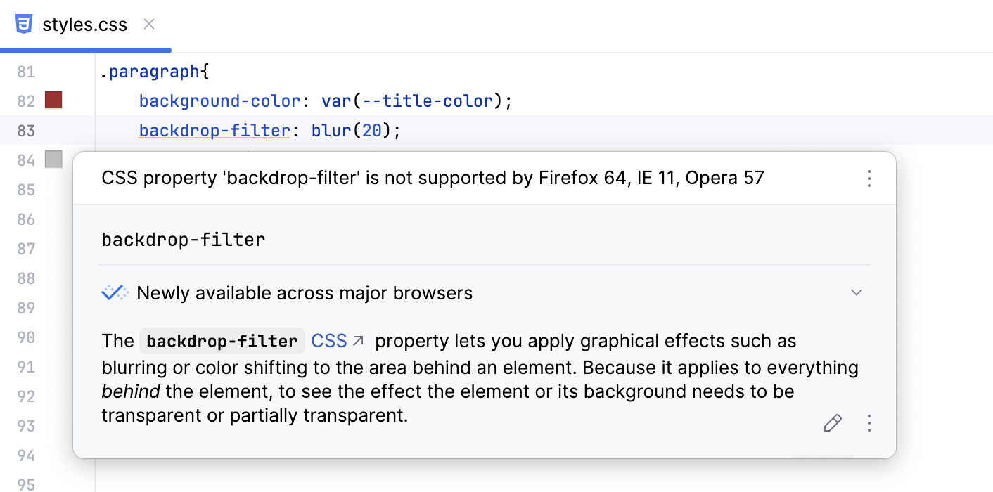 スタイルシートの互換性インスペクションポップアップ Style sheet compatibility inspection popup