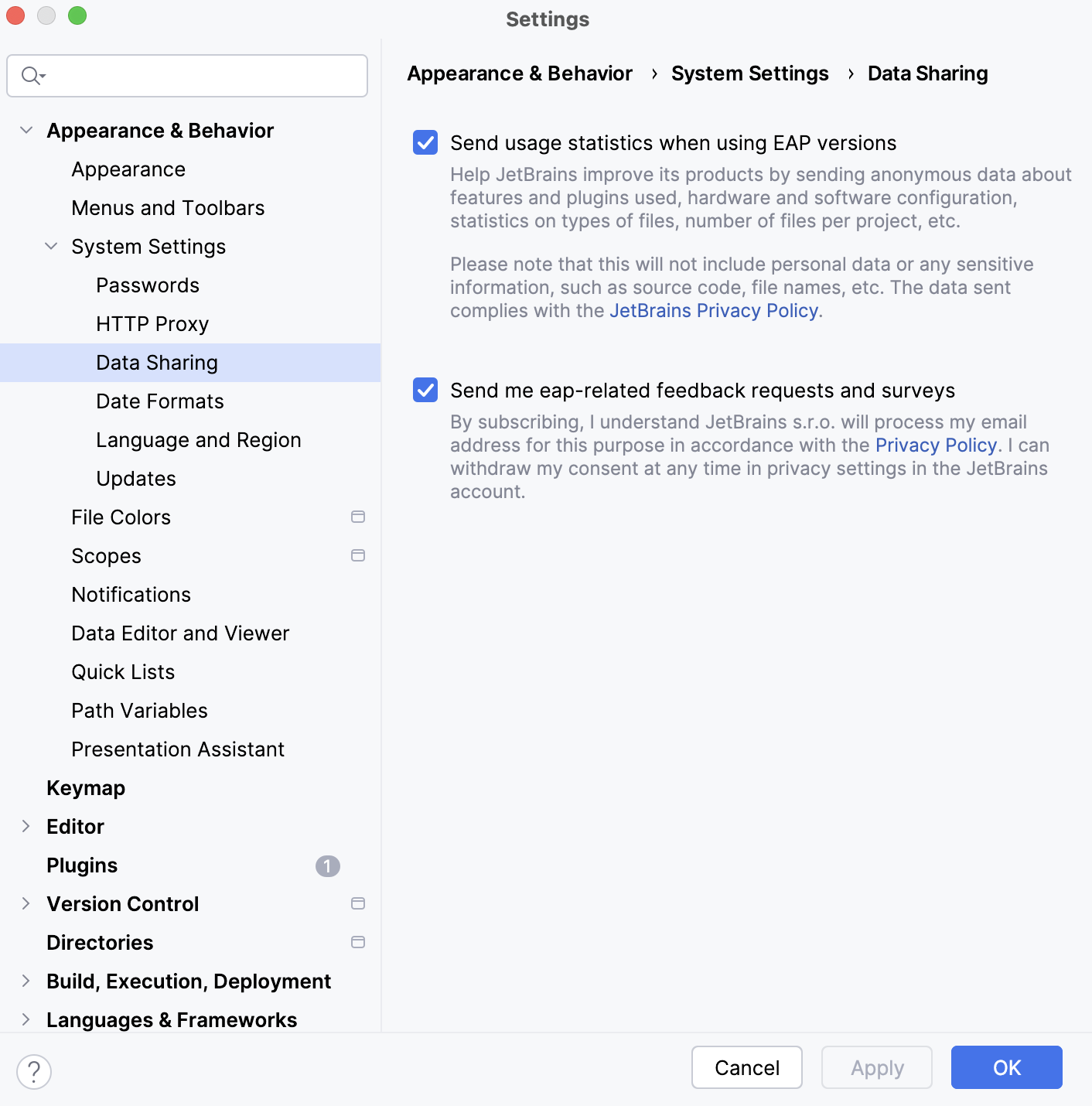 EAP バージョンのデータ共有ダイアログ Data Sharing dialog in the EAP version