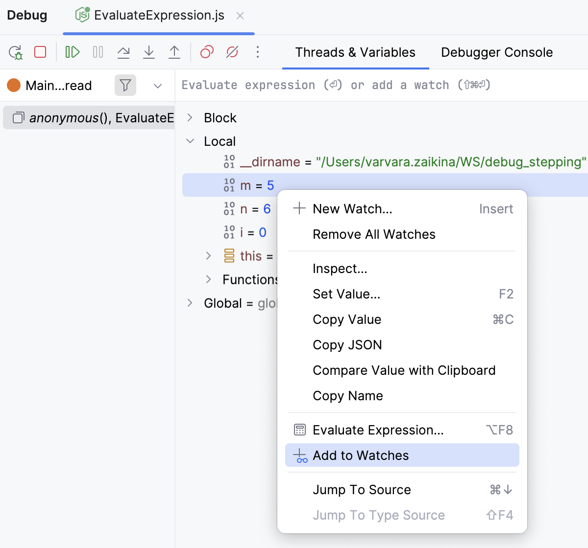 Add a watch from the current context