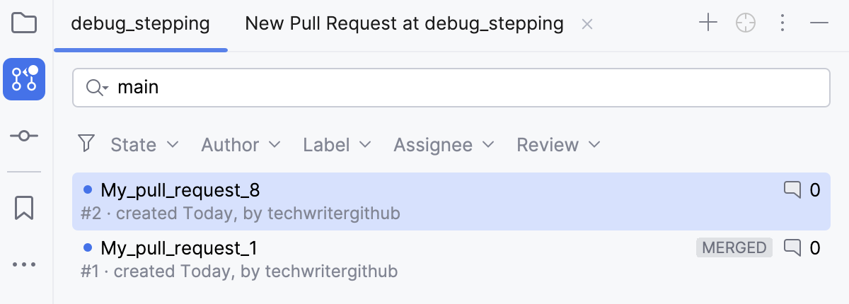 GitHub Pull Requests tool window GitHub Pull Requests tool window