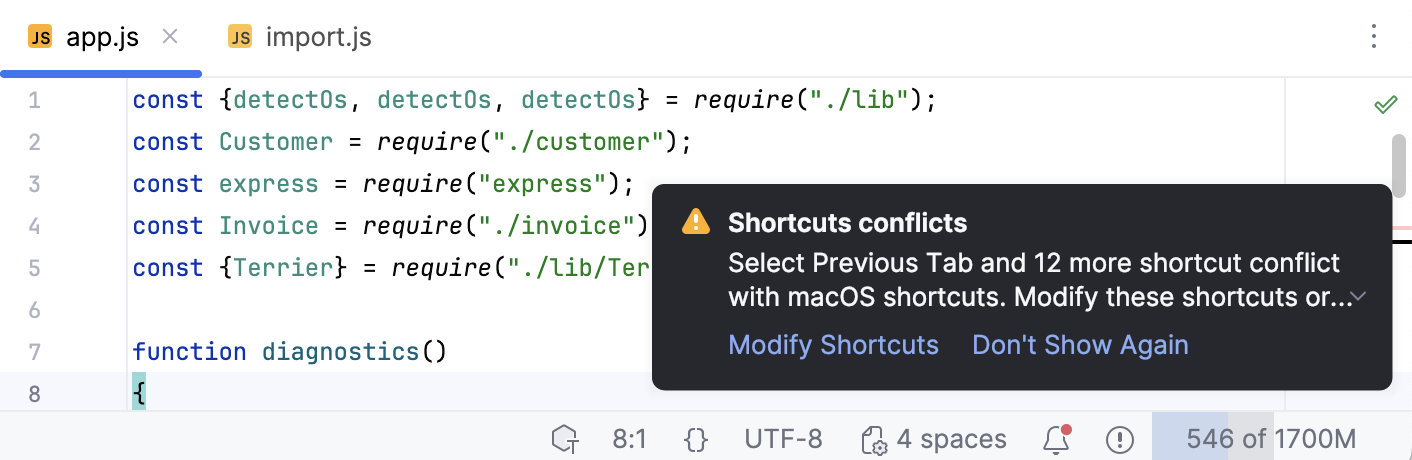 ショートカットの競合に関する通知 Notification on conflicting shortcuts