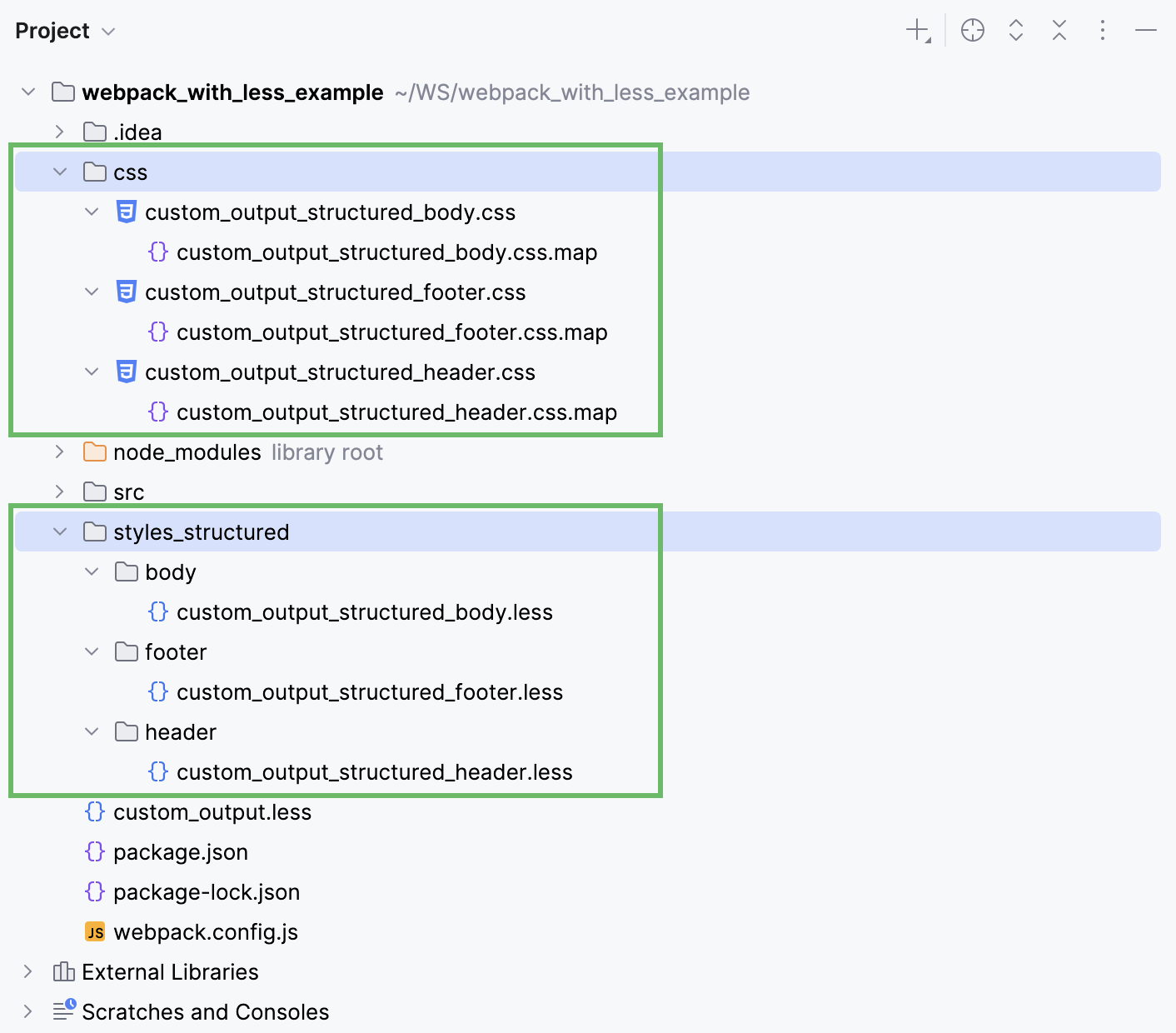 Custom output: the generated files are stored in a separate folder in a plain structure