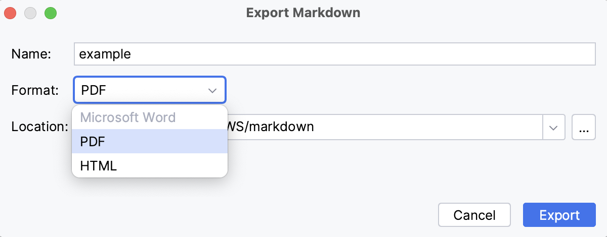 The Markdown Export dialog The Markdown Export dialog