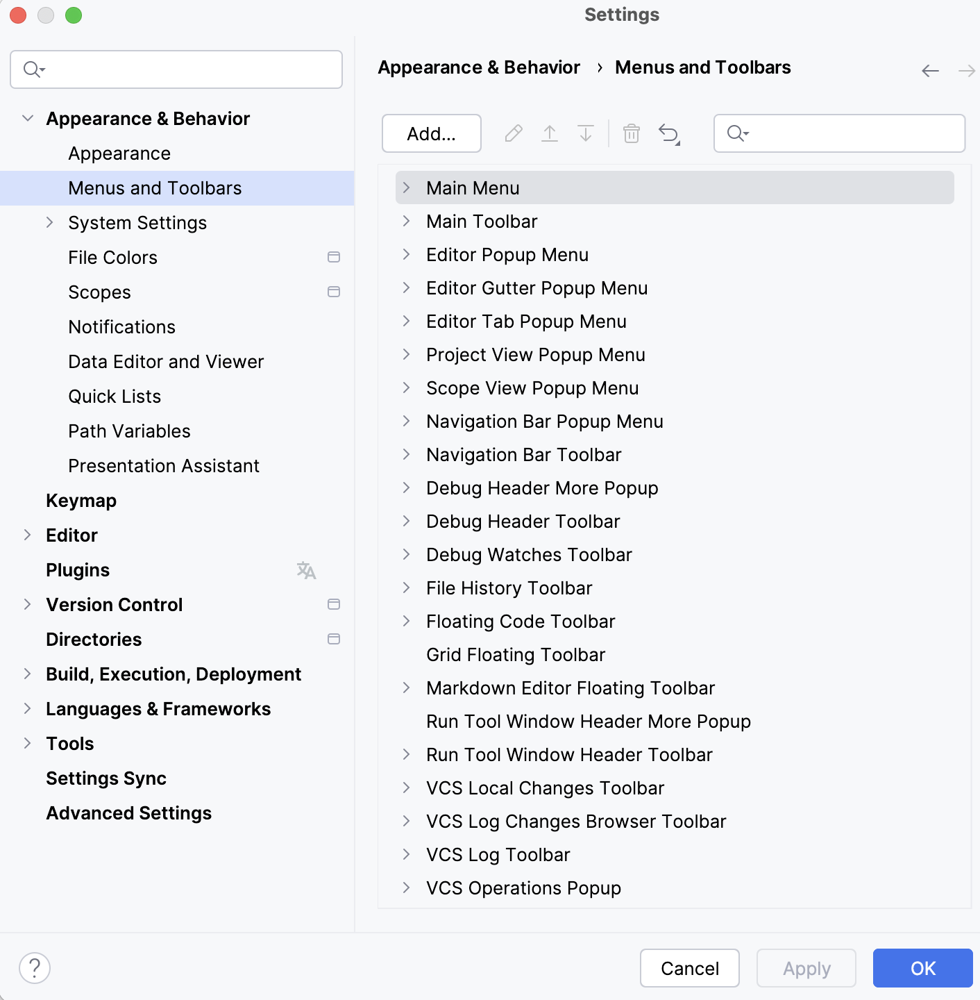 The Menus and Toolbars settings page The Menus and Toolbars settings page