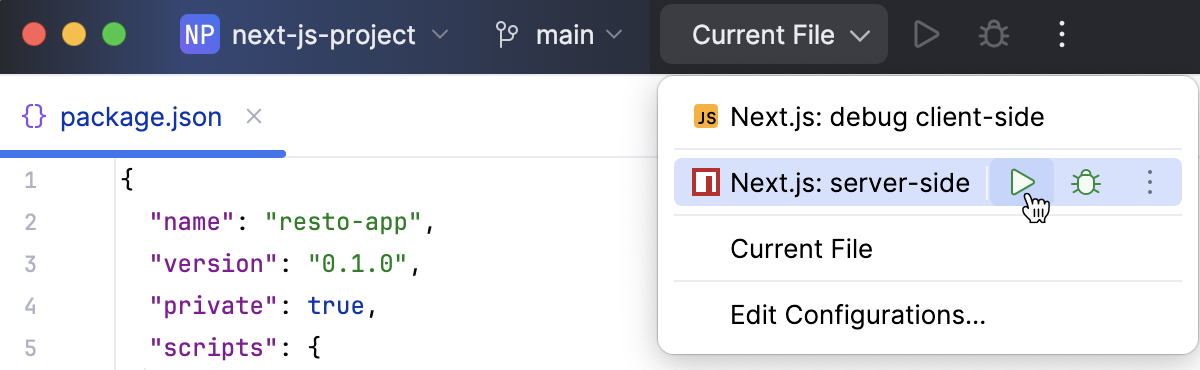 Run a Next.js app in the development mode via a run/debug configuration