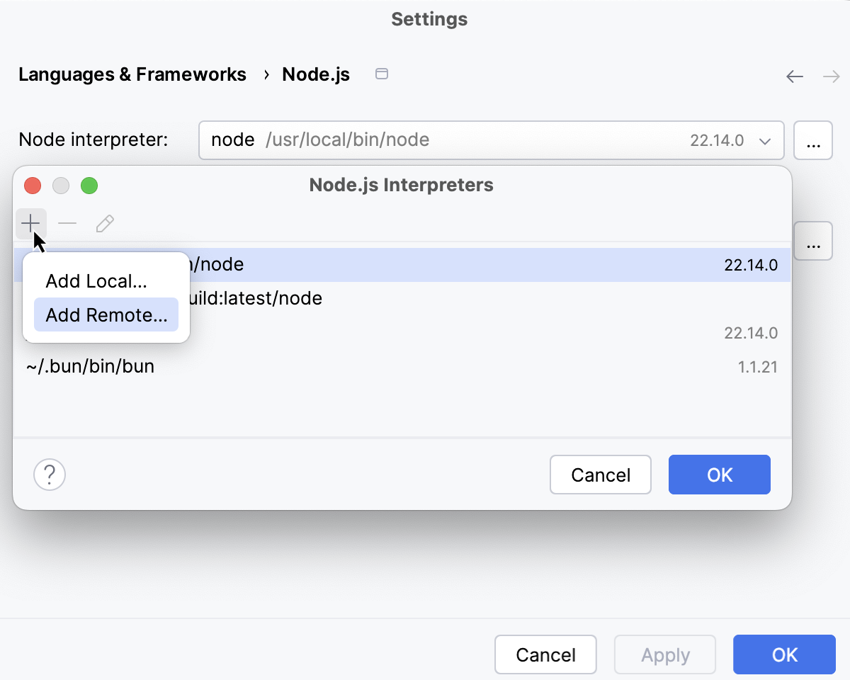 Configure Node.js interpreter via SSH: Add Remote