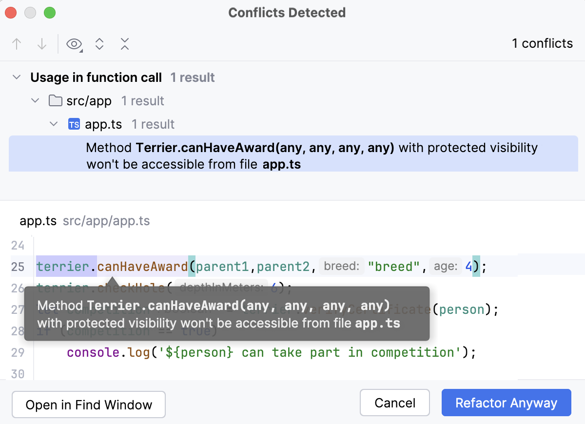 競合のリファクタリングダイアログ Refactoring conflicts dialog