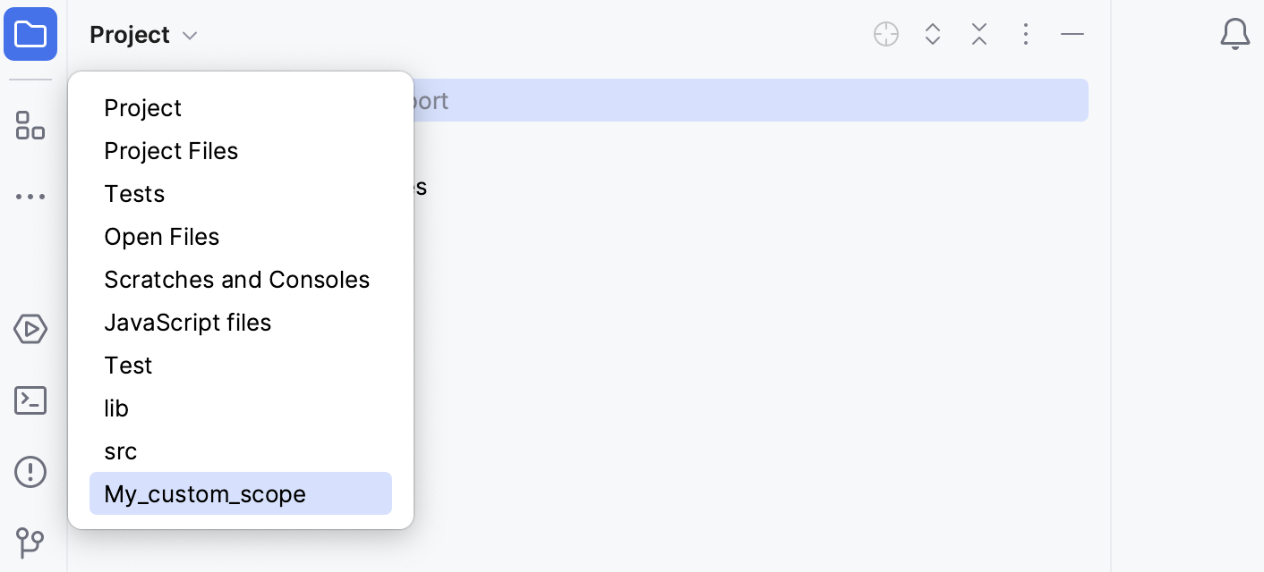 プロジェクトツールウィンドウに表示される新しいスコープ The new scope shown in the Project tool window