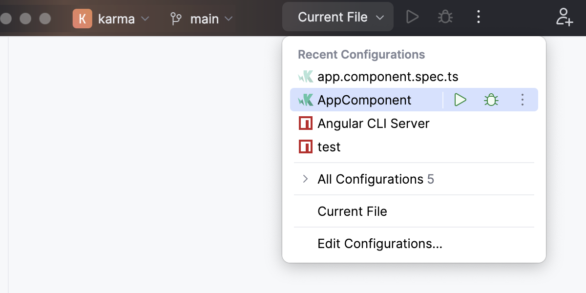 Running a run/debug configuration for tests