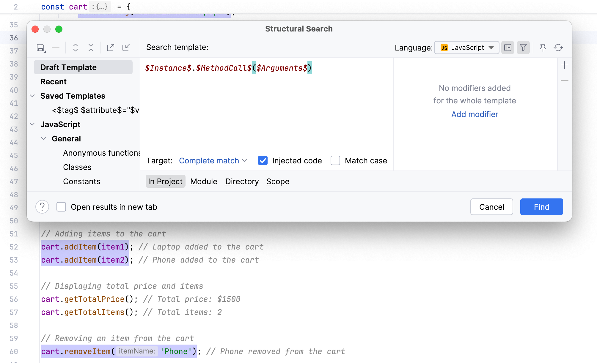 Search template for method calls Search template for method calls