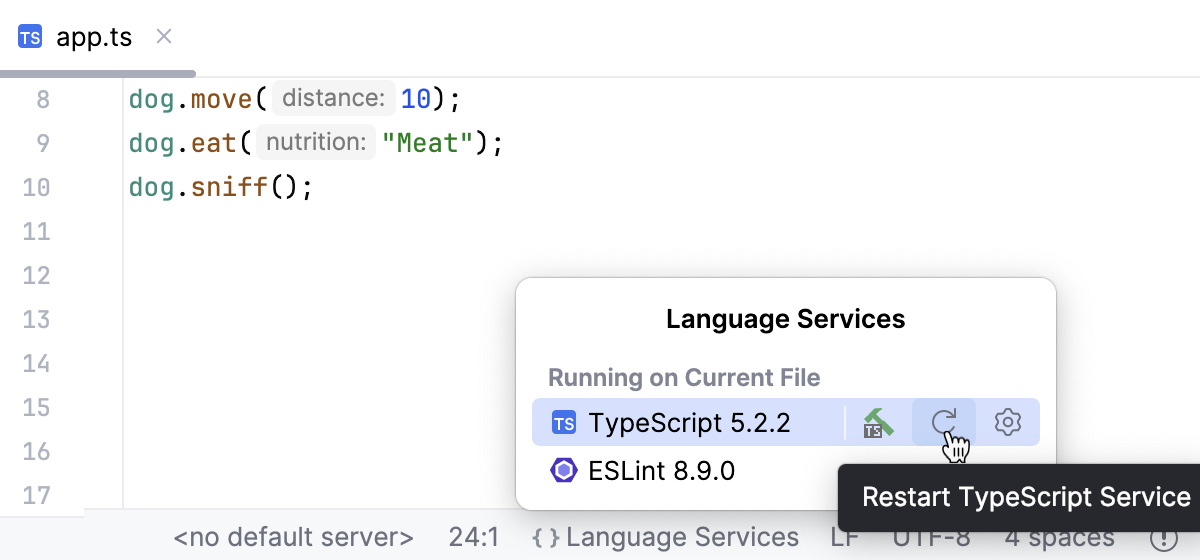 TypeScript widget on the Status bar: restart the TypeScript Language service TypeScript widget on the Status bar: restart the TypeScript Language service