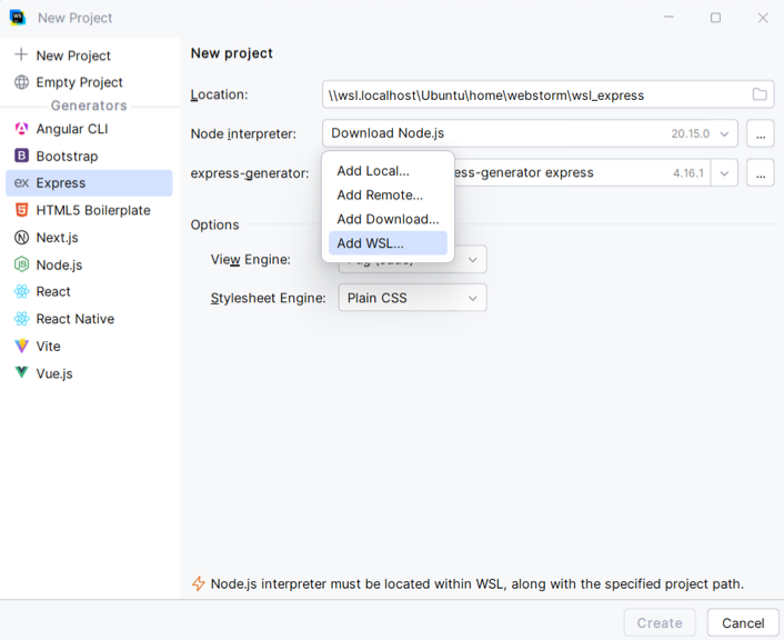 Configure WSL Node.js interpreter: select Add WSL