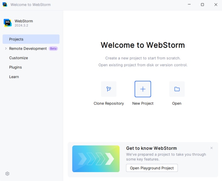 Create a project in WSL: Welcome screen