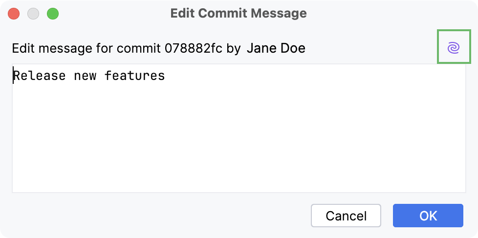Dialog with an old commit message and the AI&nbsp;Assistant icon