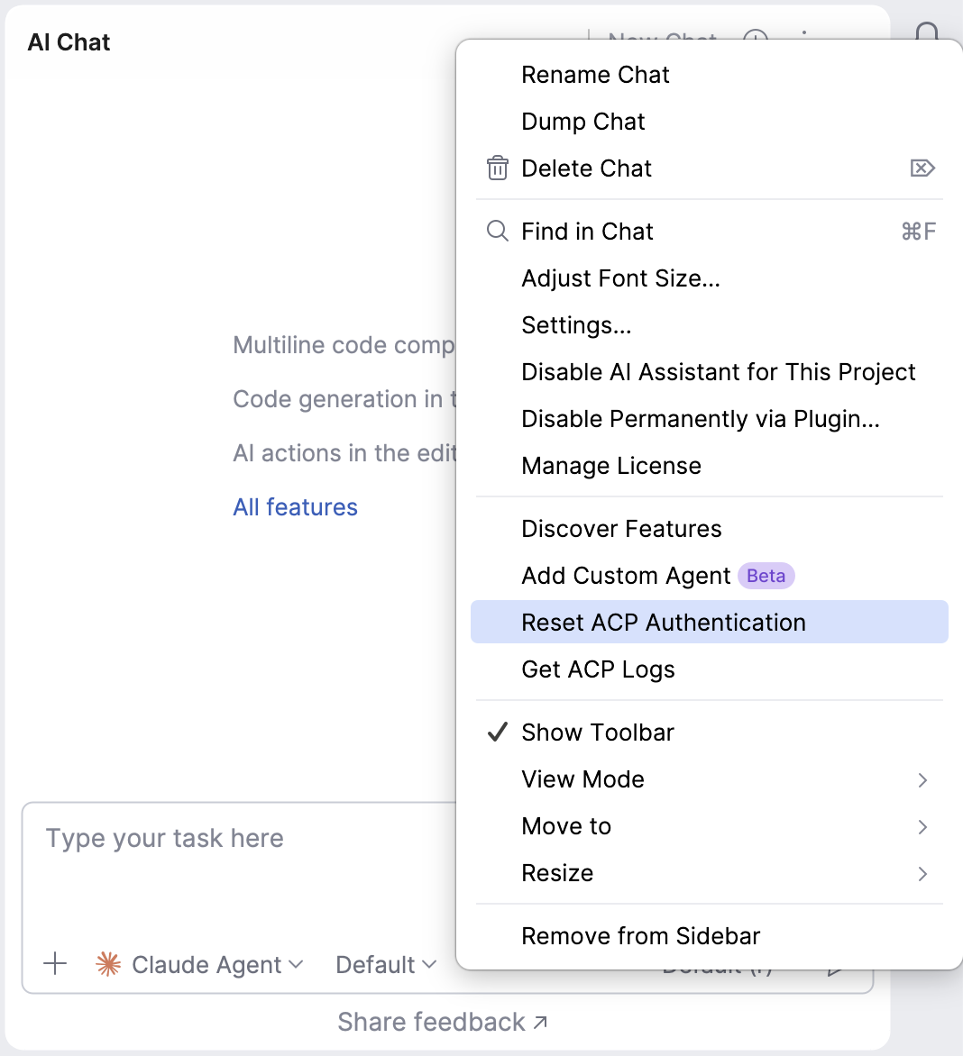 the Reset ACP Authentication option