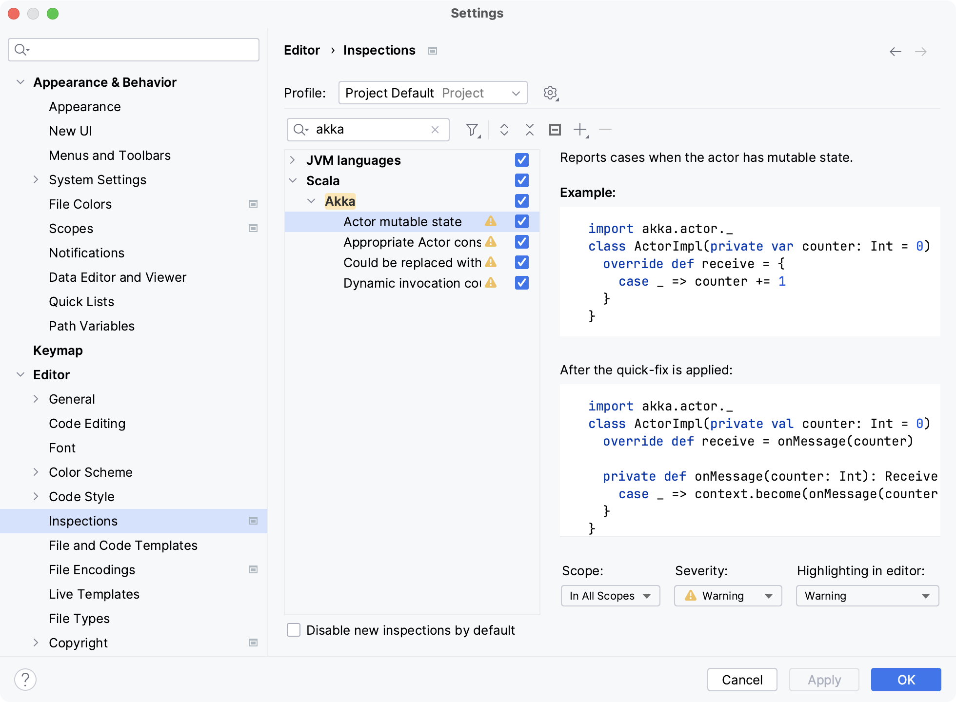 the Inspections settings the Inspections settings