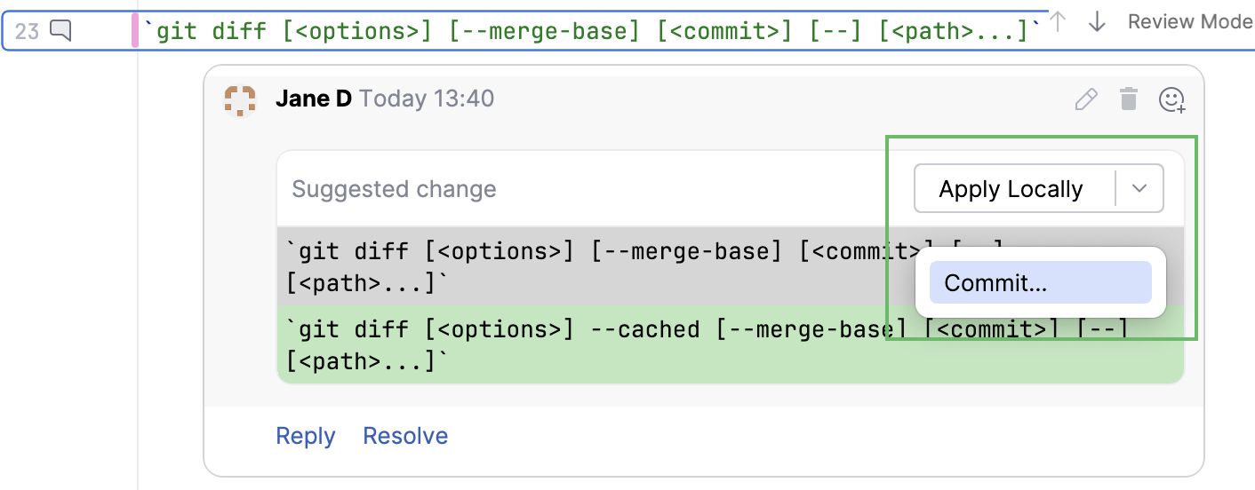 GitHub suggested change apply locally