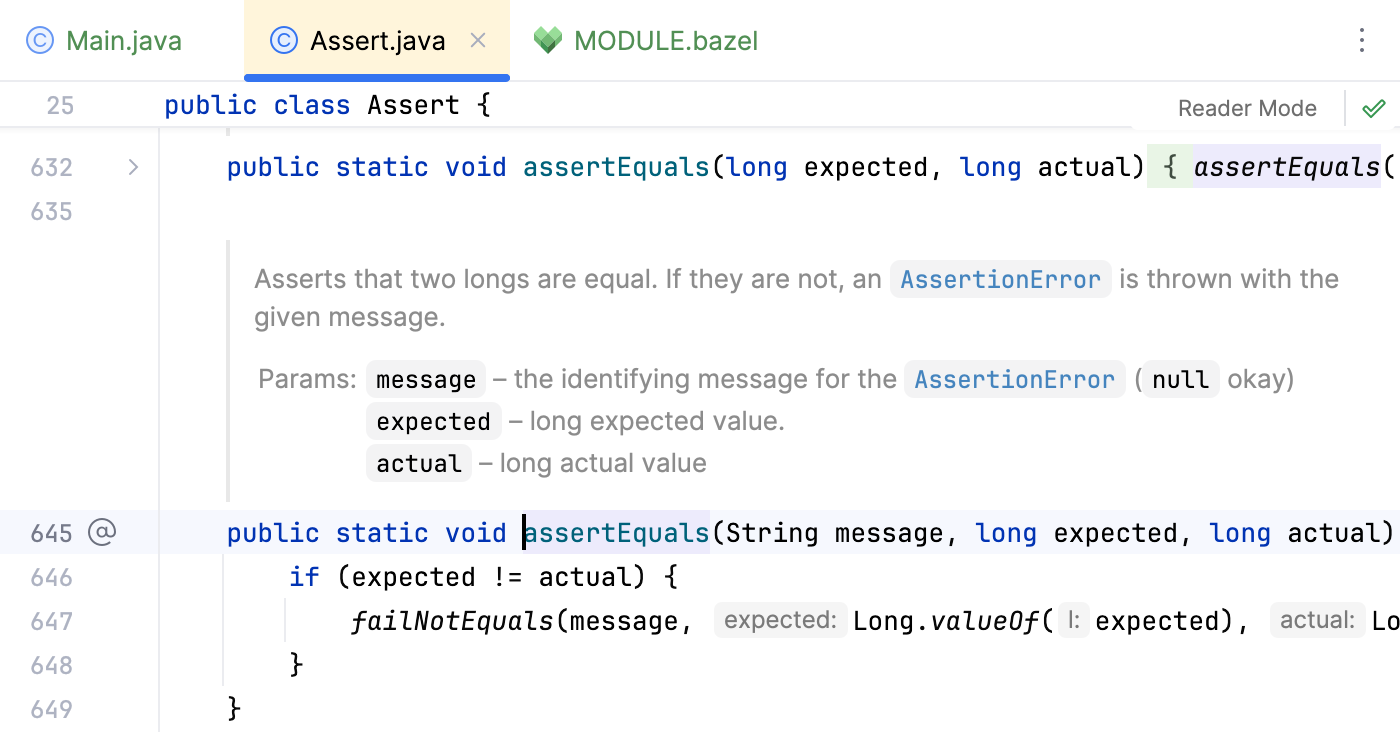 Editor tab with the open Assert.java file (not decompiled) Editor tab with the open Assert.java file (not decompiled)