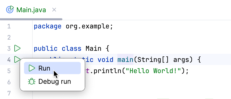 A menu appears on clicking the gutter icon near the main class A menu appears on clicking the gutter icon near the main class