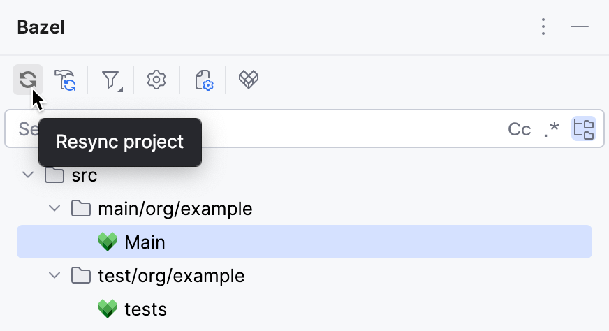 The 'Resync project' button on the Bazel tool window's toolbar The 'Resync project' button on the Bazel tool window's toolbar