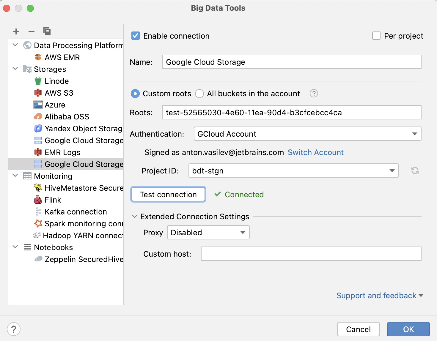 Connection settings for Google Cloud Storage Connection settings for Google Cloud Storage