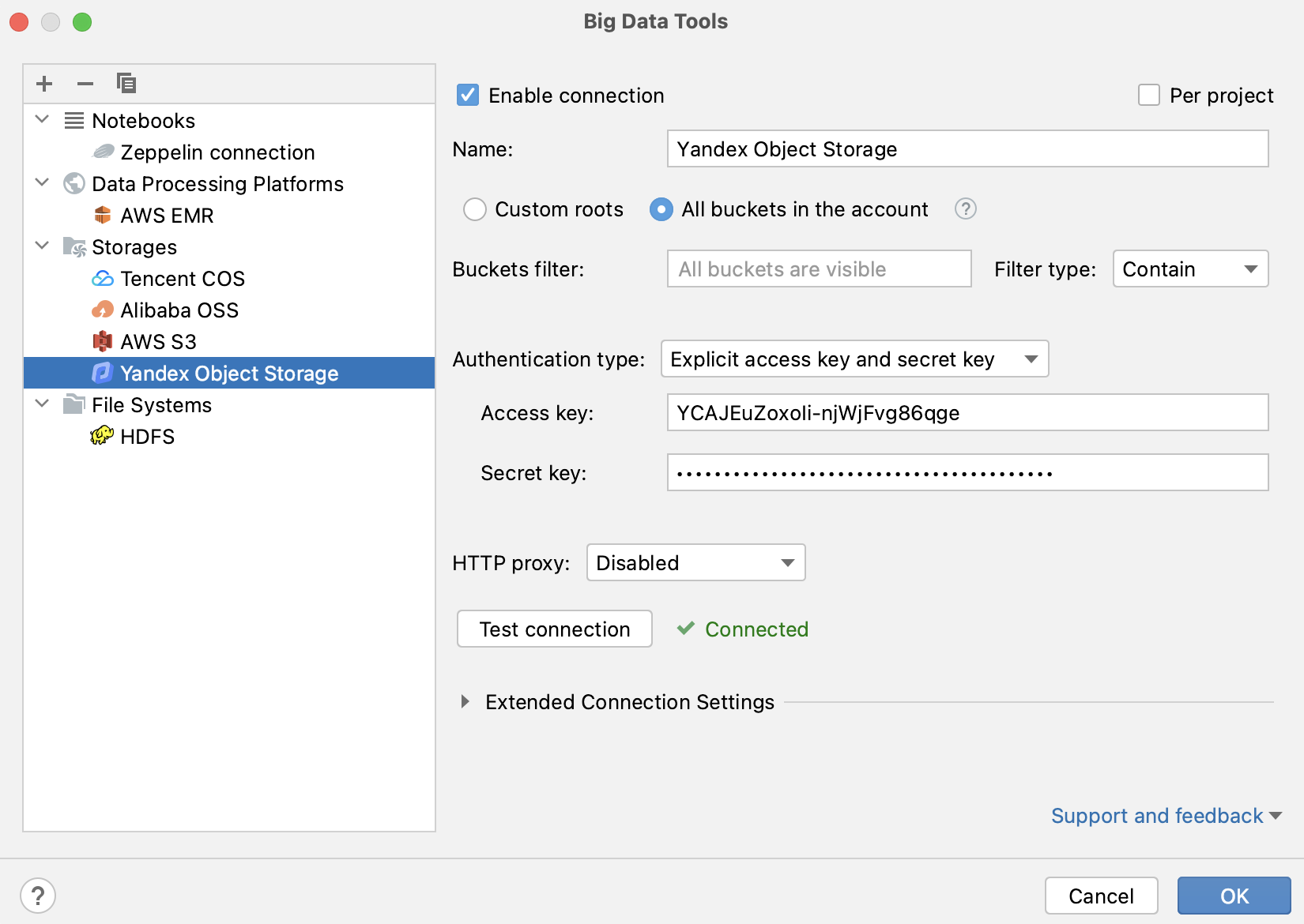 Connection settings for Yandex Object Storage Connection settings for Yandex Object Storage