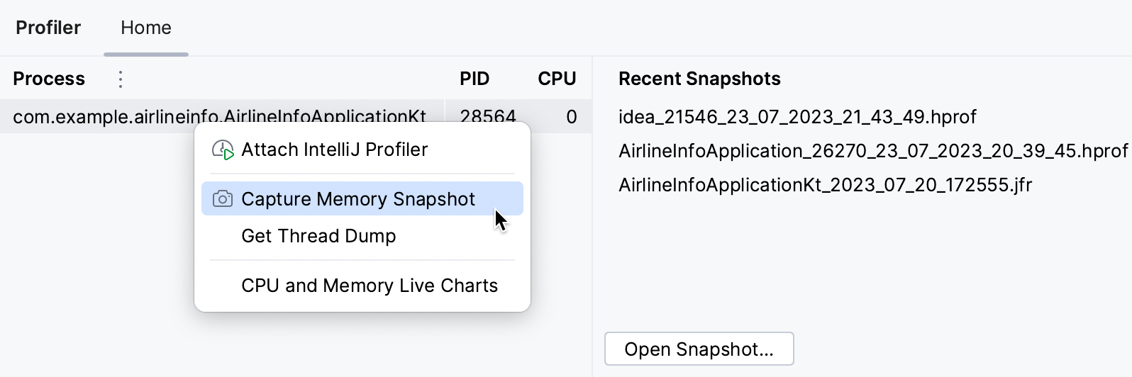 A menu appears on right-clicking a process in the Profiler tool window A menu appears on right-clicking a process in the Profiler tool window