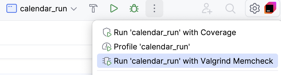 Running Valgrind from the main toolbar Running Valgrind from the main toolbar