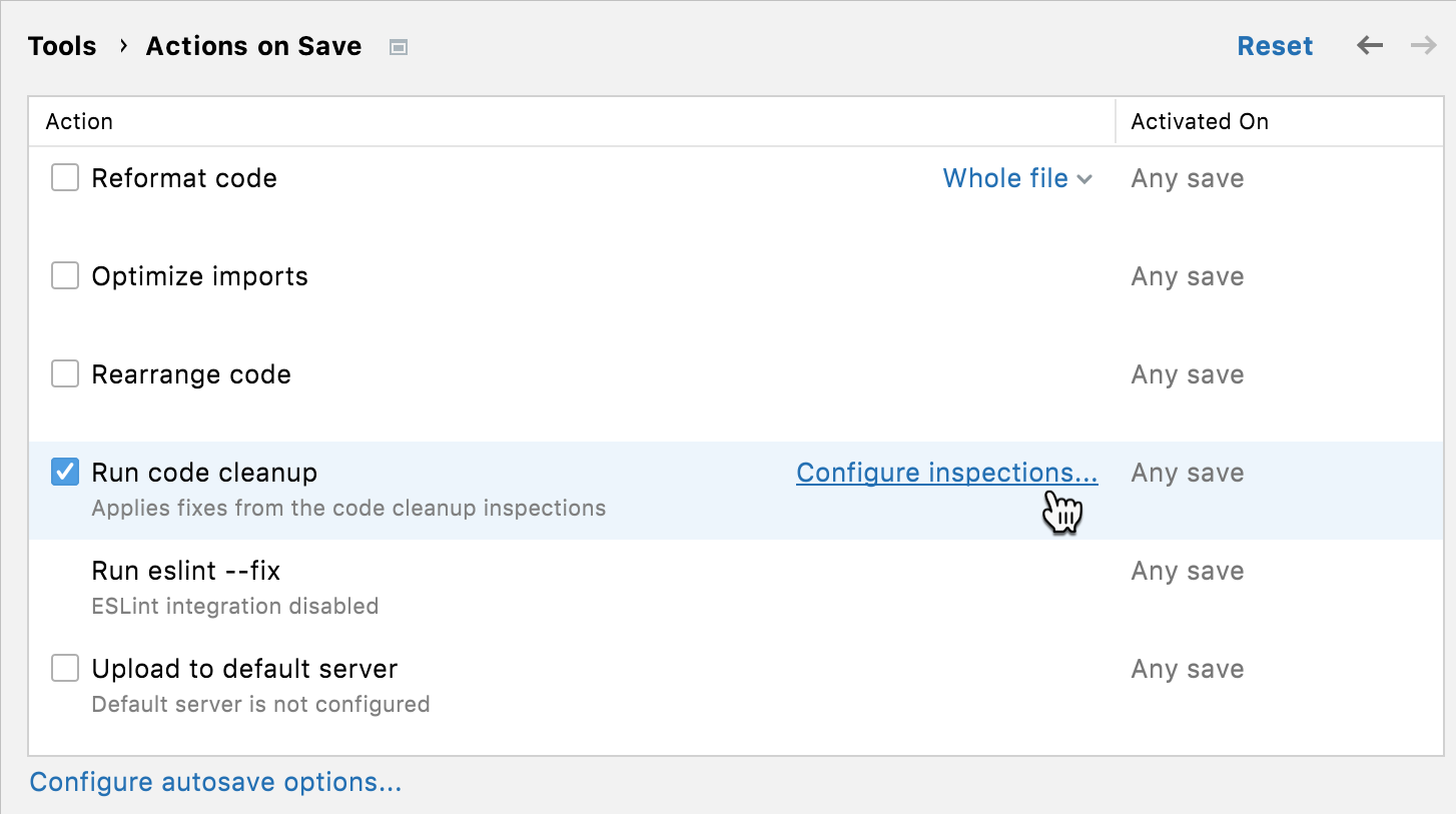 Settings: Actions on save Settings: Actions on save