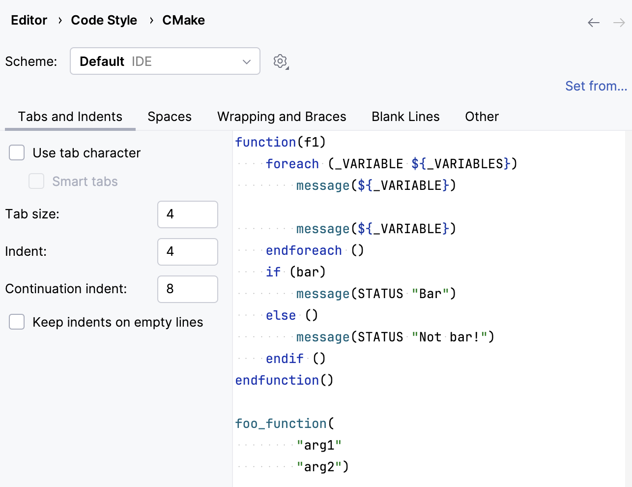 CMake code style settings CMake code style settings