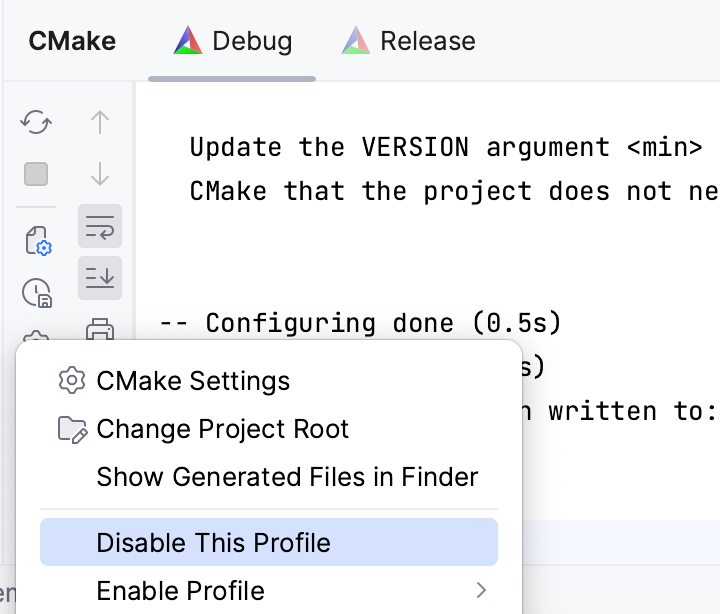 Disabling a loaded profile from the CMake tool window Disabling a loaded profile from the CMake tool window