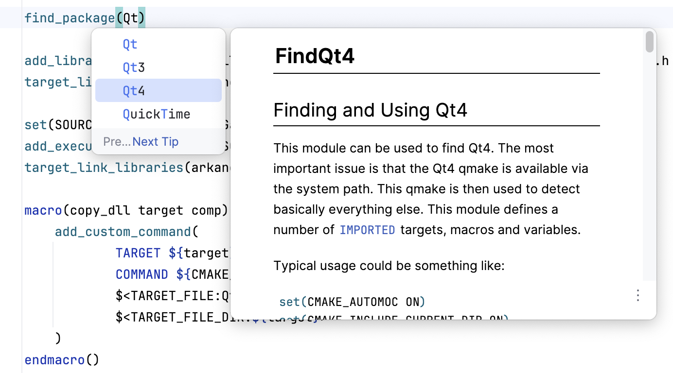Quick doc in CMake completion Quick doc in CMake completion