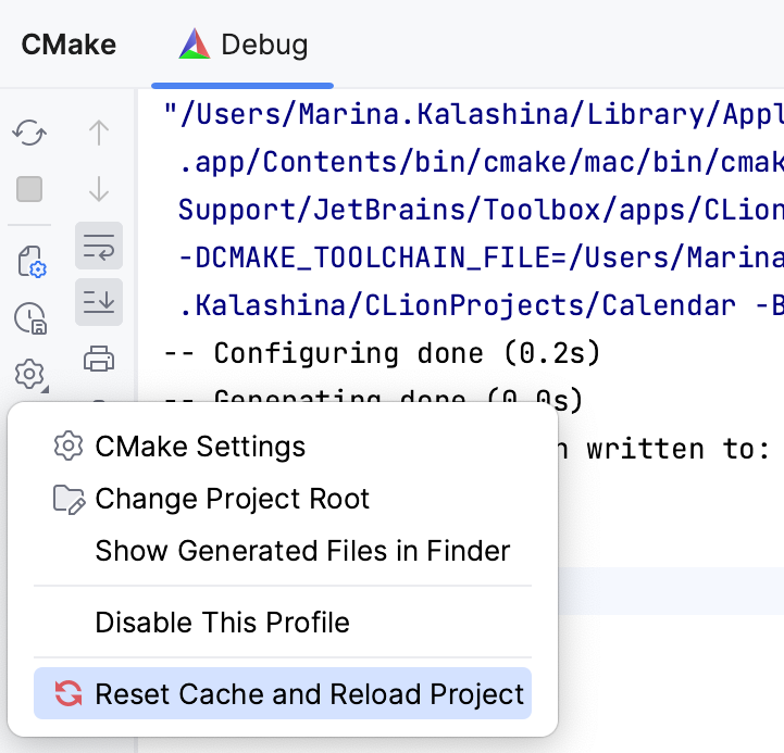 Reset Cache and Reload Project option in the CMake tool window Reset Cache and Reload Project option in the CMake tool window