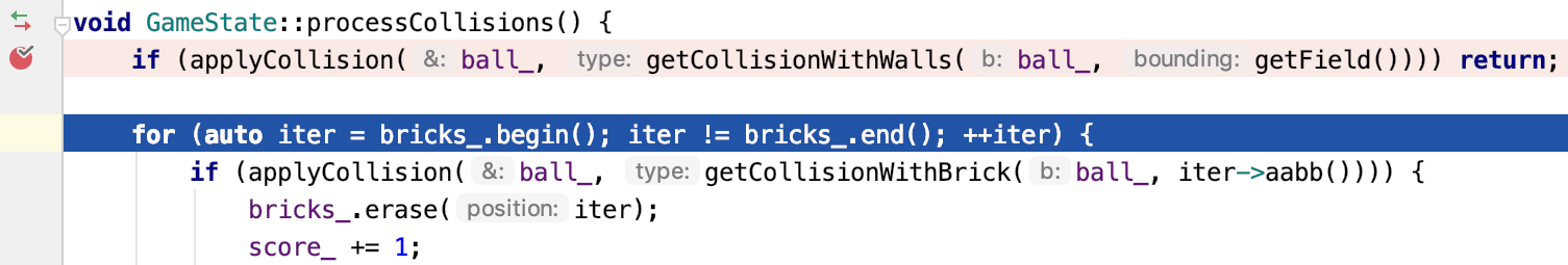 Blue line indicating the current execution point Blue line indicating the current execution point