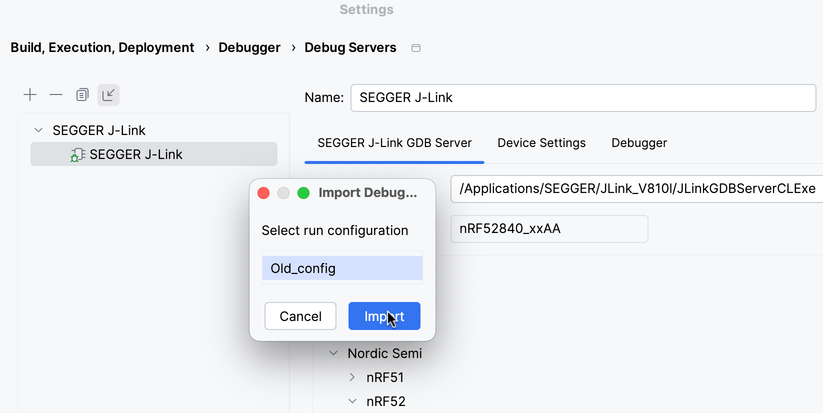 Import configuration button