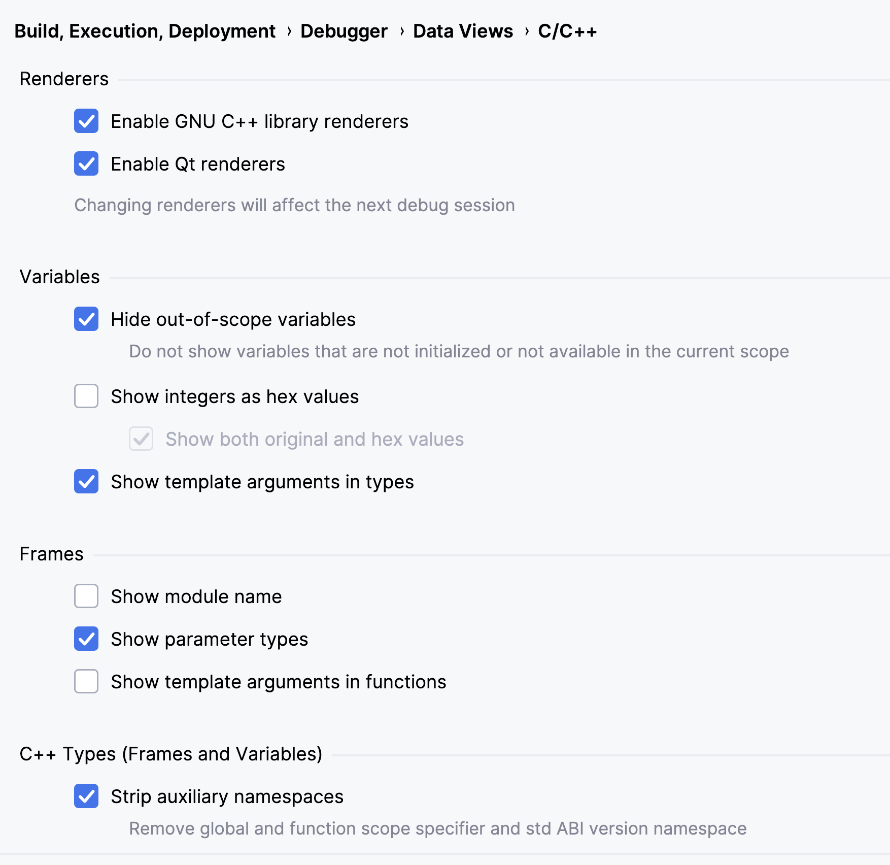 C/C++ debugger data views settings C/C++ debugger data views settings